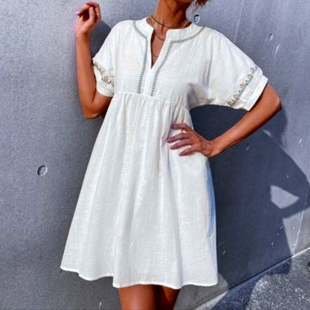 Notch Neck Embroidered Smock Dress